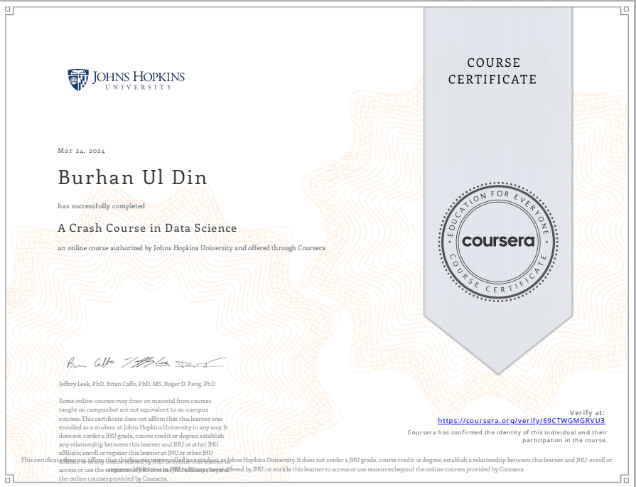 Burhan Tangwani — A Crash Course in Data Science certificate from Johns Hopkins University