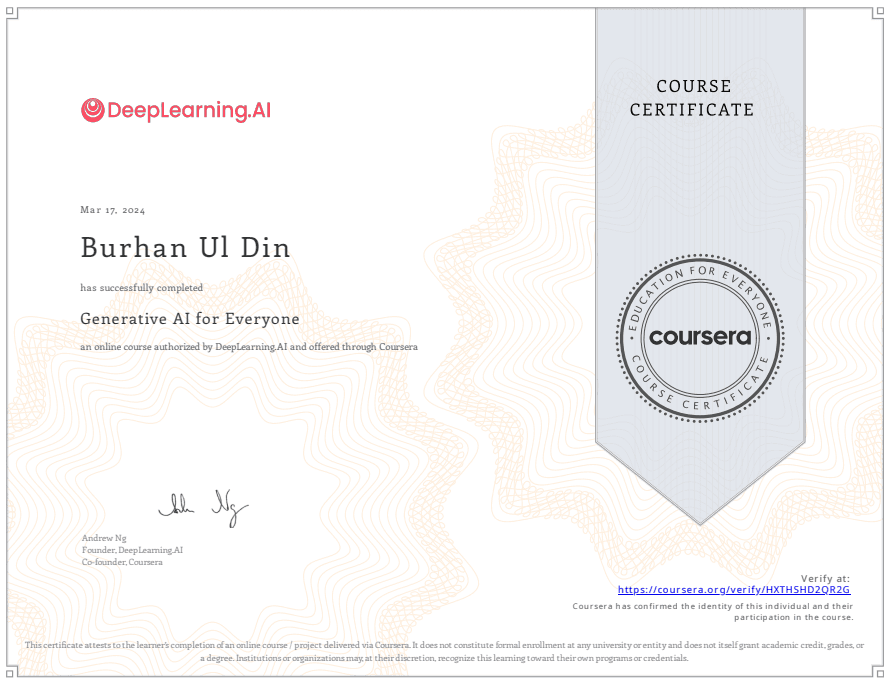 Burhan Tangwani — Generative AI for Everyone certificate from DeepLearning.AI