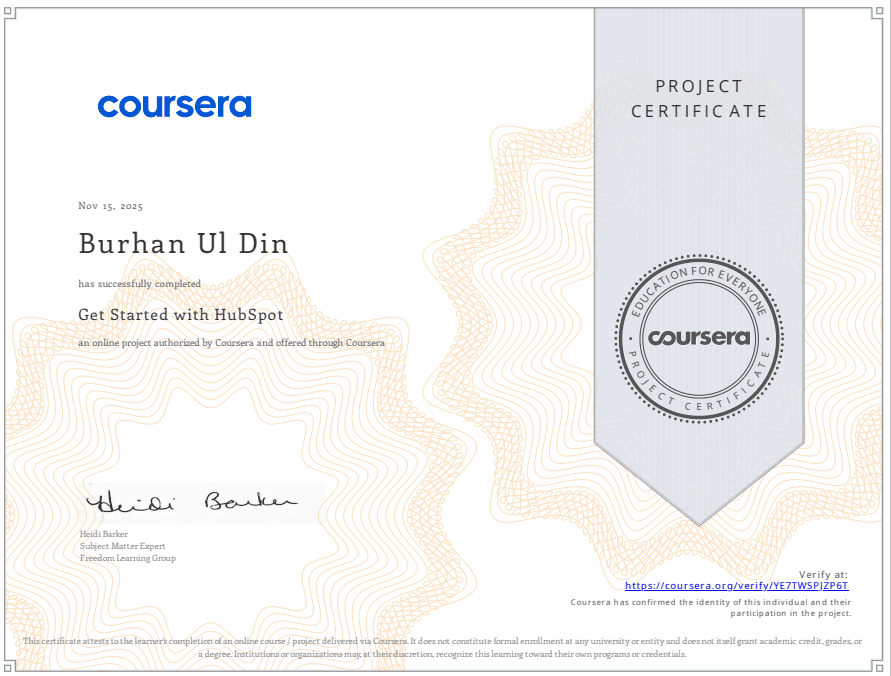 Burhan Tangwani — Get Started with HubSpot certificate from HubSpot