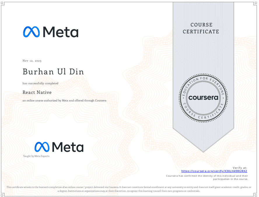 Burhan Tangwani — React Native certificate from Meta